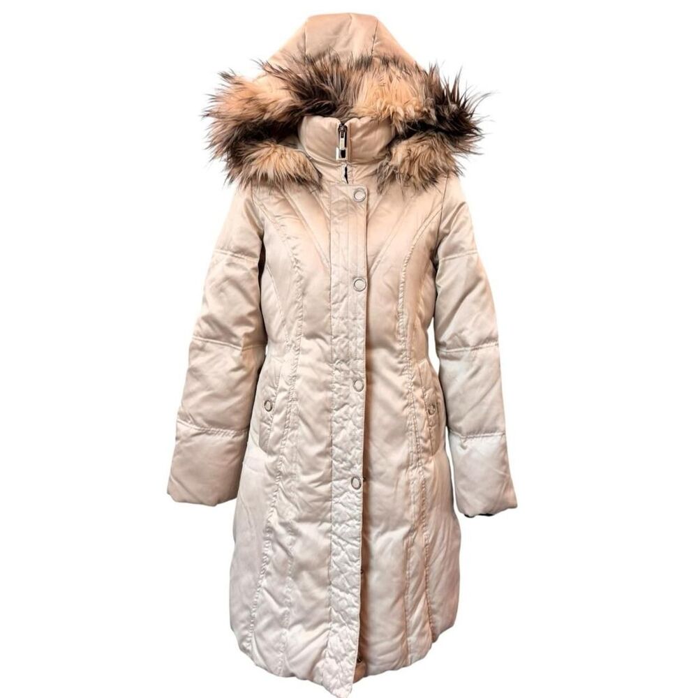 Zeroxposur Cream long puffer coat with faux fur hood, size S